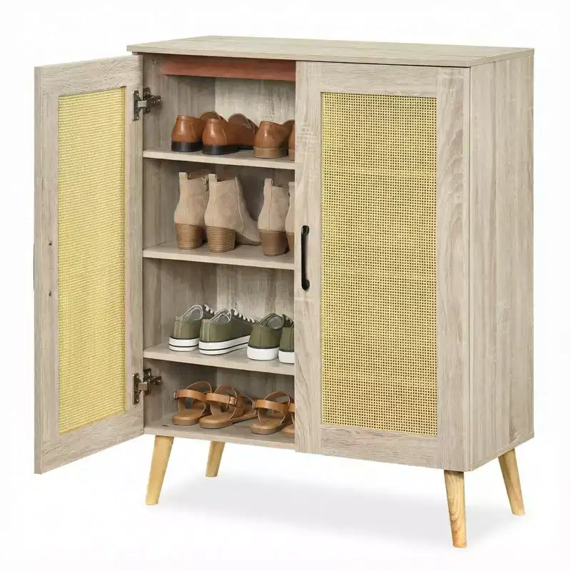 Costway Rattan Shoe Cabinet with 3 Removable Shelves,5-Tier Narrow Cabinet Wood Legs, Walnut/Natural