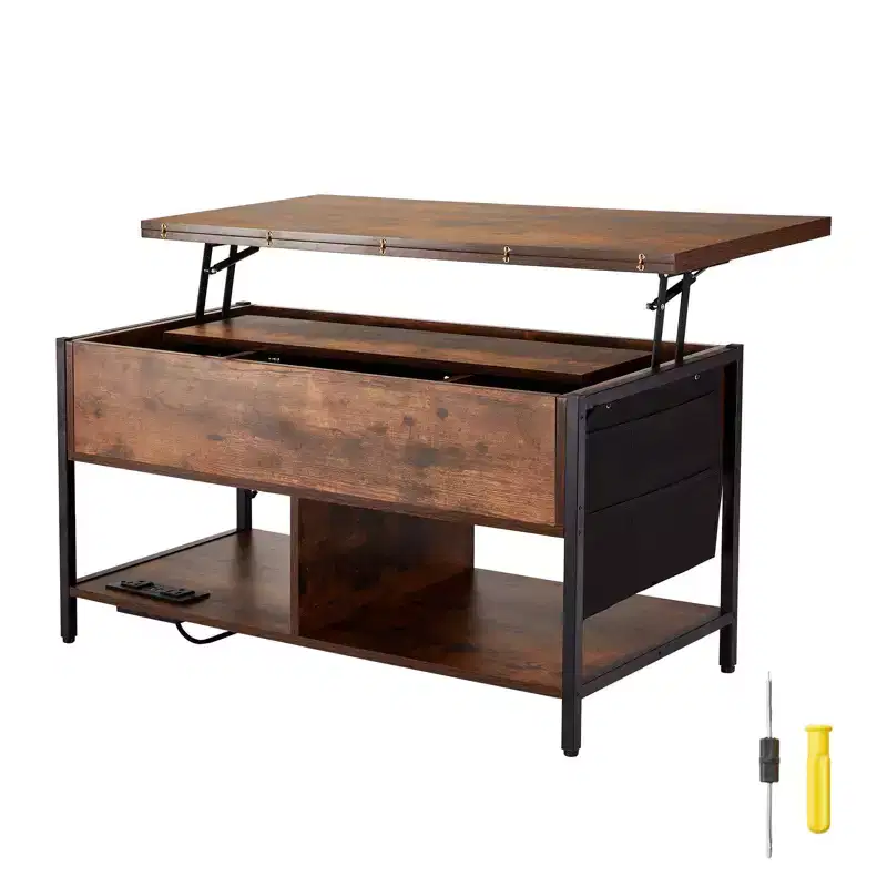 VEVOR Lift Top Coffee Table, 39.4 in Rectangle Coffee Table, Flipable Coffee Table with Power Strip & USB & Ambient Lighting for Living Room, Brown