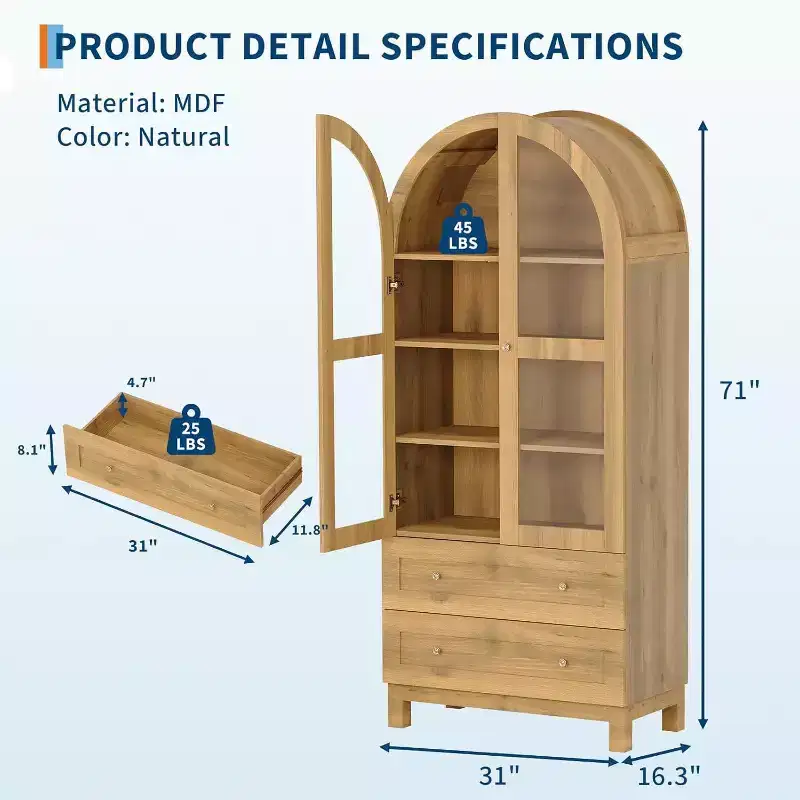 Farmhouse Arched Tall Kitchen Pantry Cabinet with Drawers, Adjustable Shelves & Acrylic Doors
