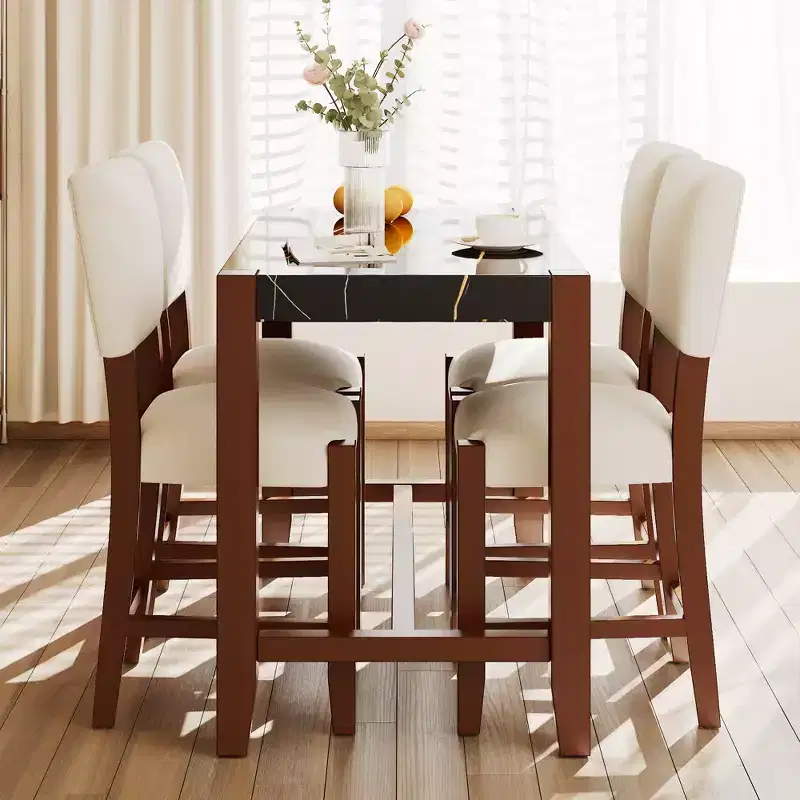 Marble Counter Height Dining Table Set for 4, 5 Pieces Bar Table Set with 4 Upholstered Chairs for Dining Room Pub Kitchen Small Place