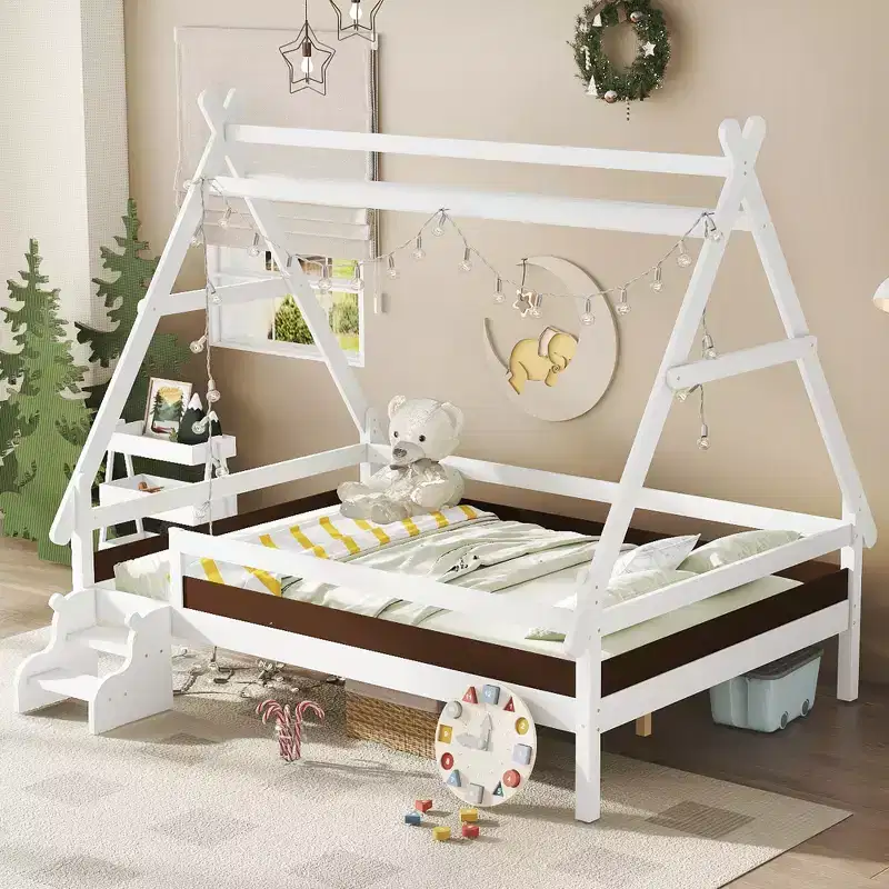 JVNOXK Full House Platform Bed with Stairs, Solid Wood Twin Bed Frame, Low Profile and Childlike Fun Design, White