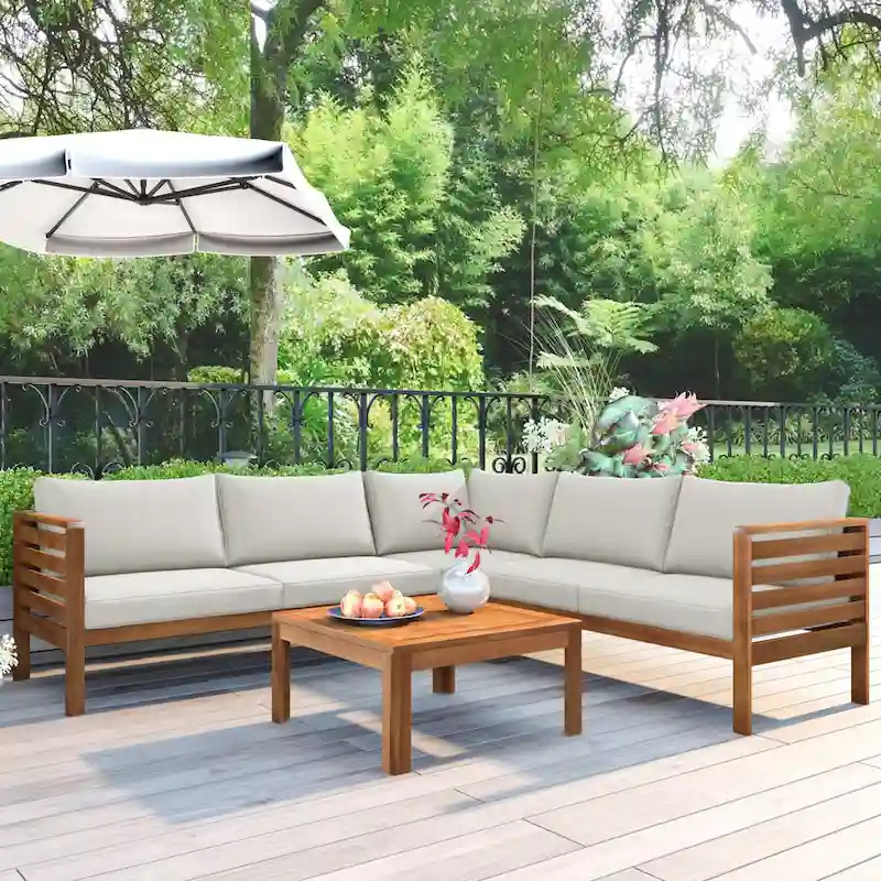 4-Piece Acacia Wood L-Shaped Sectional Sofa Set with Table