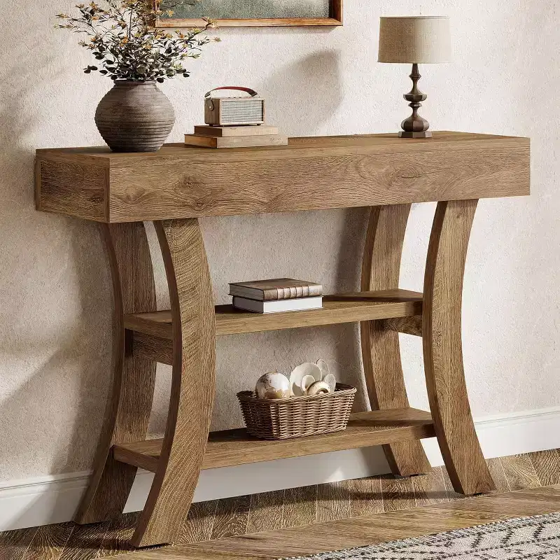 Lantine 41-Inch Small Console Table for Entryway, 3-Tier Narrow Rustic Sofa Table with Storage Shelves for Living Room, Hallway, Foyer, Oak Brown