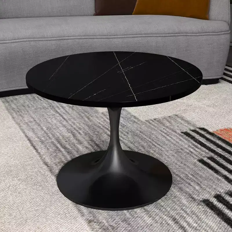 LeisureMod Verve 27 Round Coffee Table - Sintered Stone Top and Modern Black Steel Pedestal Base Accent Table for Contemporary Living Room