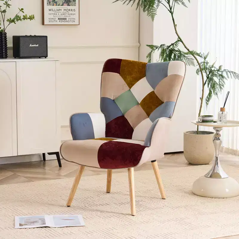Patchwork Upholstered Accent Chair, Living Room Lounge Chair with Wingback and Armrest