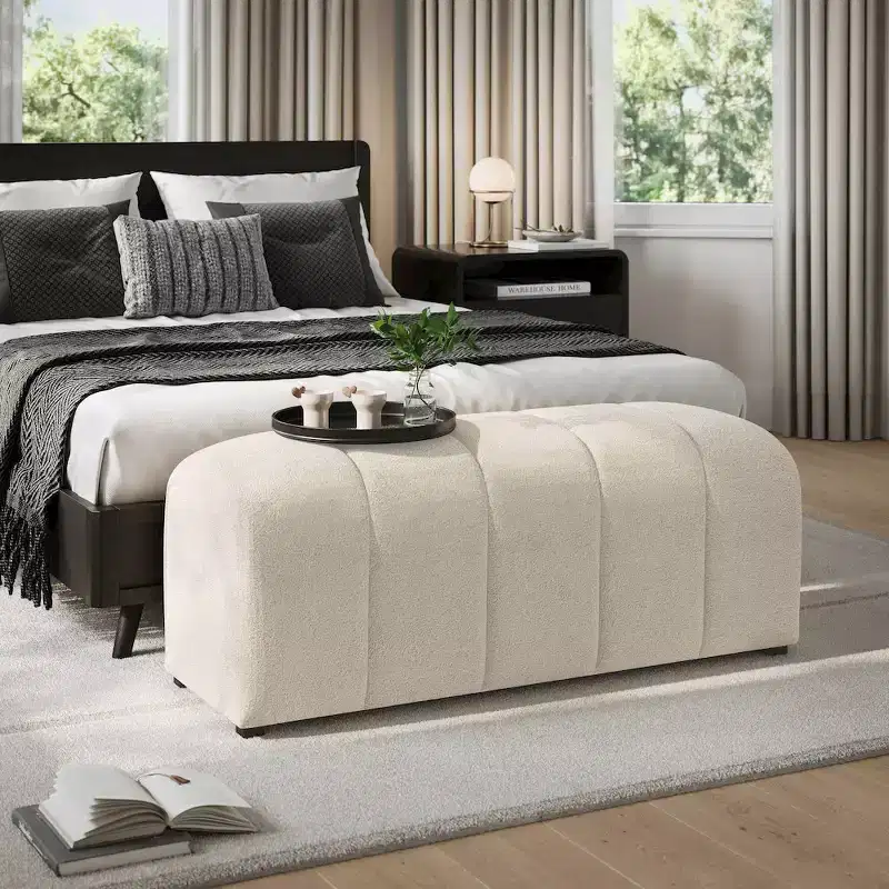 Contemporary Modern Ivory Boucle Upholstered Plush Bench