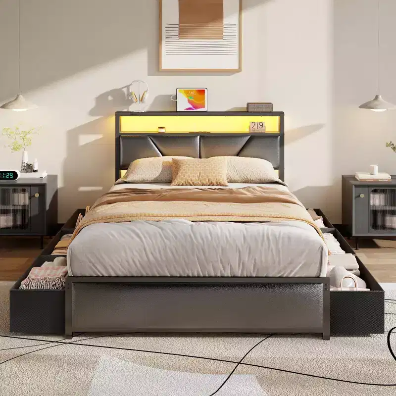 Qwatto Full Size Storage Bed Frame with 6 Drawers Charging Station LED Lights PU Leather Upholstered Headboard Platform Metal No Box Spring Needed