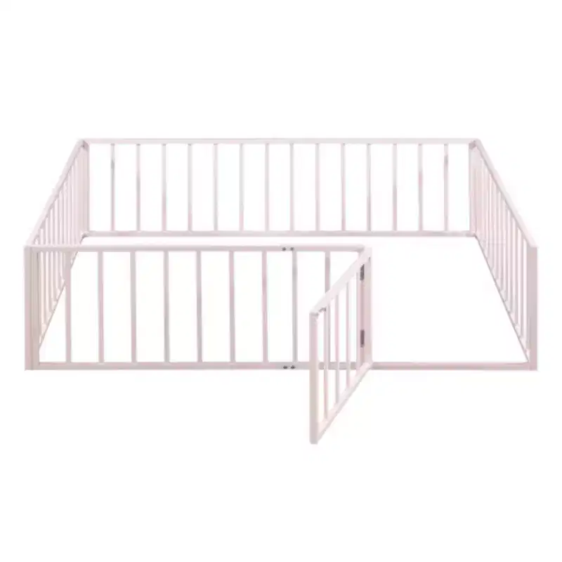 Pink Full-Size Metal Bed Frame with Fence and Door Feature