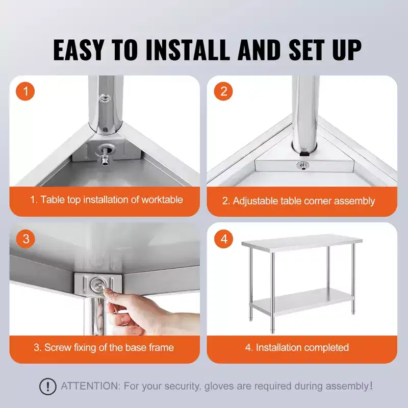 Stainless Steel Prep Table 24x48 Inch – 800 lbs Capacity, 3 Adjustable Heights
