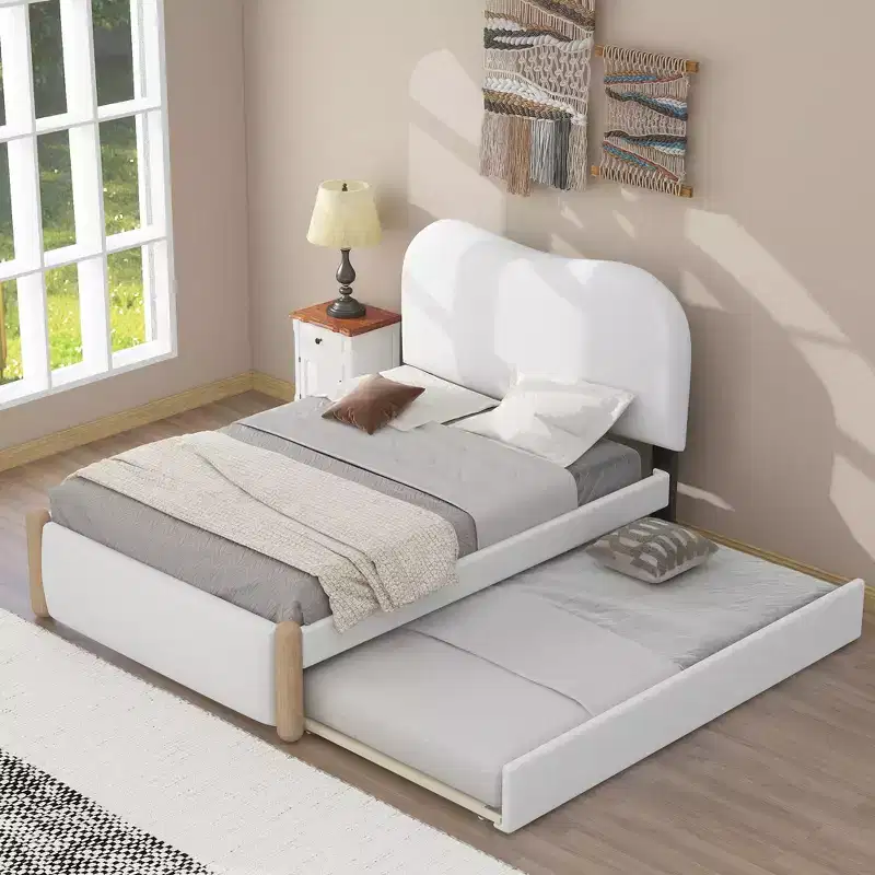 Whisen Twin Size Upholstered Platform Bed with Wood Supporting Feet and Twin Size Trundle