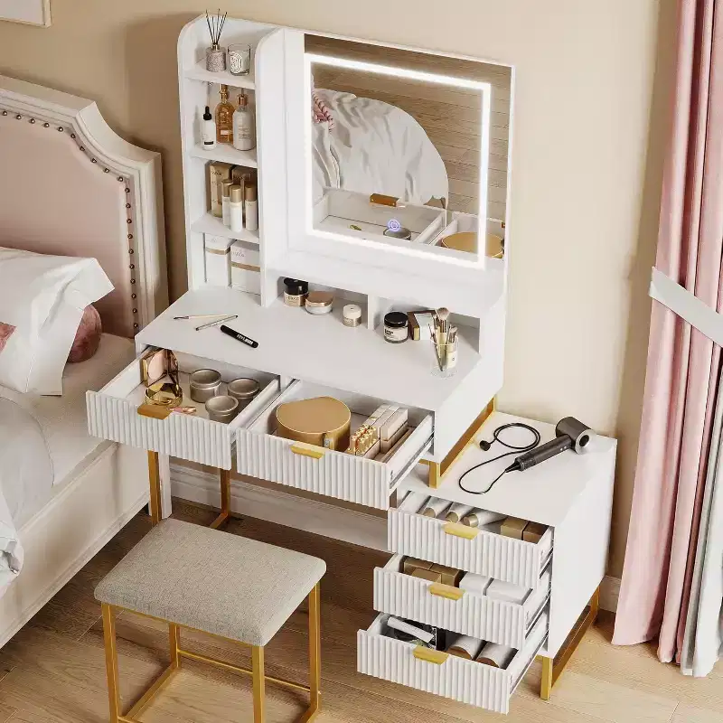 Makeup Vanity Desk with Mirror and Lights, Vanity Table with 5 Drawers, Vanity Set with Stool and Removable Side Storage Cabinet for Bedroom