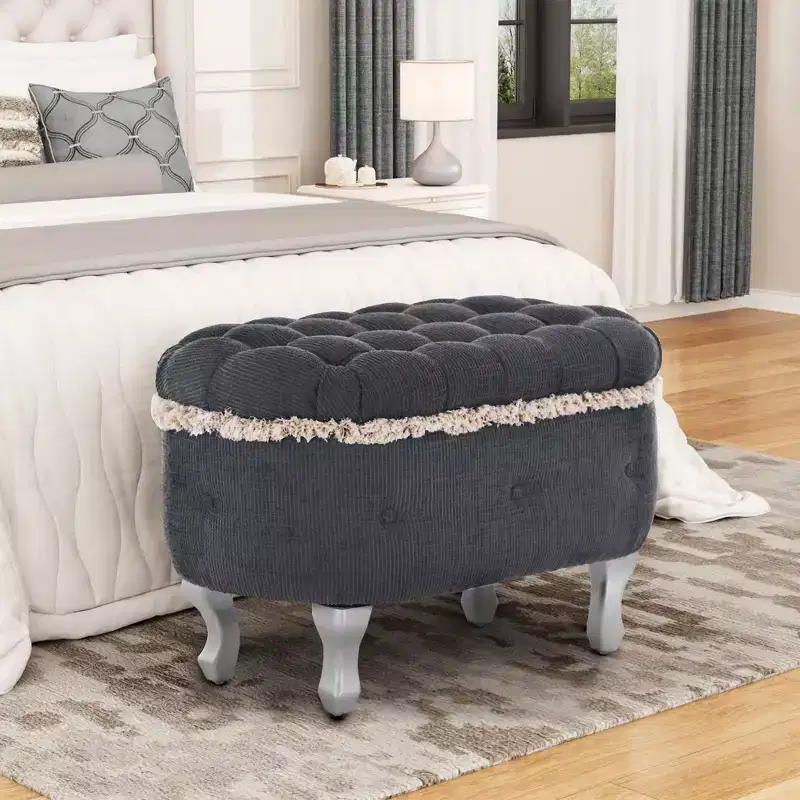 TUYOHW 29.5 Upholstered Storage Bench,Fabric Footboard Bench with Button Tufted and Fringe,Lift Top,End of Bed Bench for Bedroom,Living Room