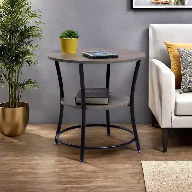 2-Tier Round Side Table, 21.65 Accent Sofa End Table for Living Room or Bedroom, Metal Frame & MDF Wooden Top, Easy Assembly, 1PC, Brown