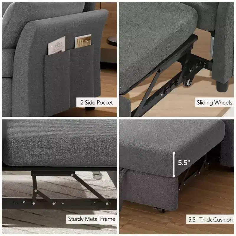 51 Inch 3-in-1 Pull-Out Sleeper Sofa Bed, Convertible Loveseat with Reclining Adjustable Backrest, Chenille Upholstered Couch, Side Pocket