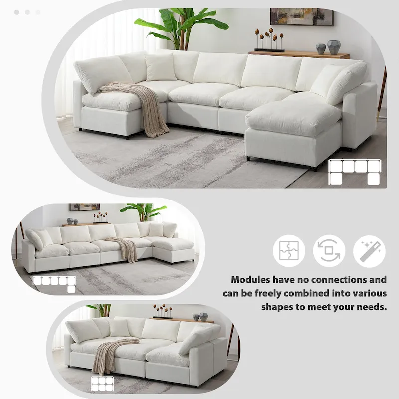 Beige 130 Chenille Cloud U-Shaped Sleeper Sectional Sofa, 6-Piece Modular Design