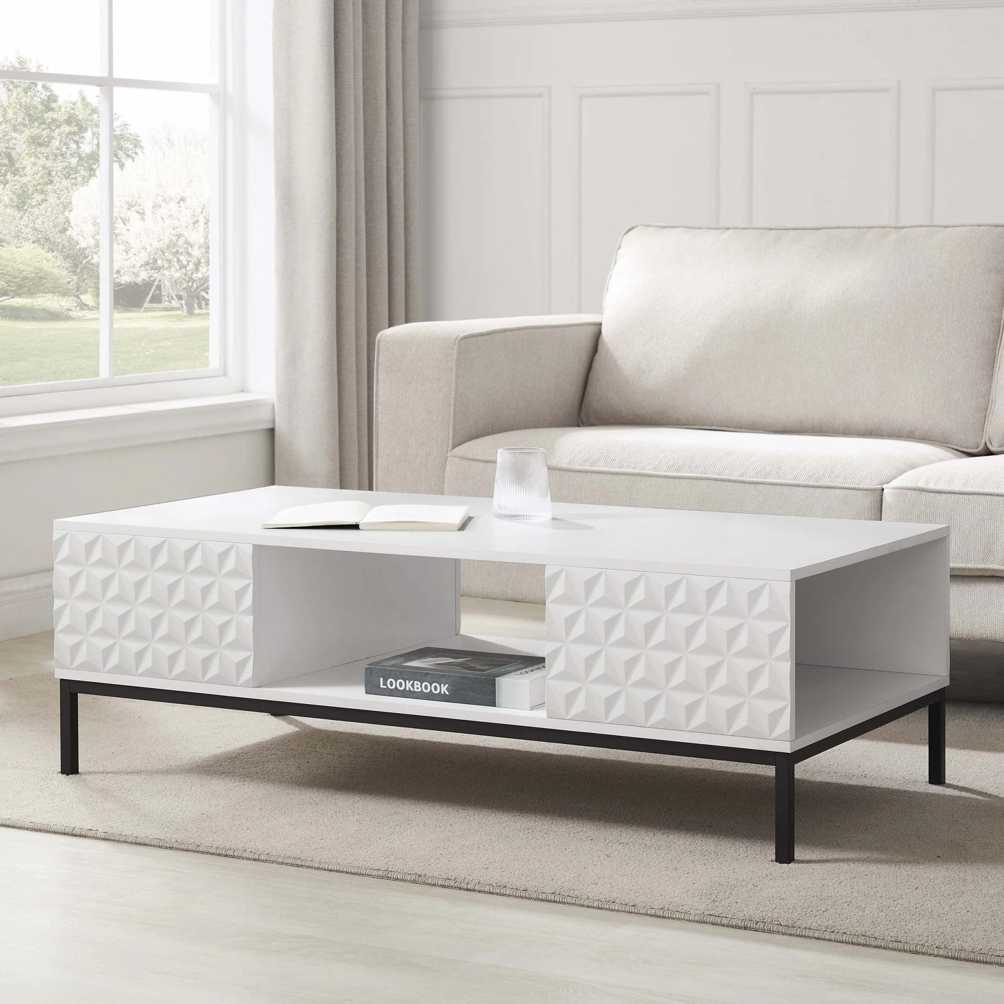 Contemporary White Coffee Table with Geometric Pattern for Living Room