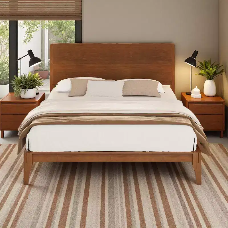 Merax Mid-Century Modern Bamboo Platform Bed with Headboard and Metal Support