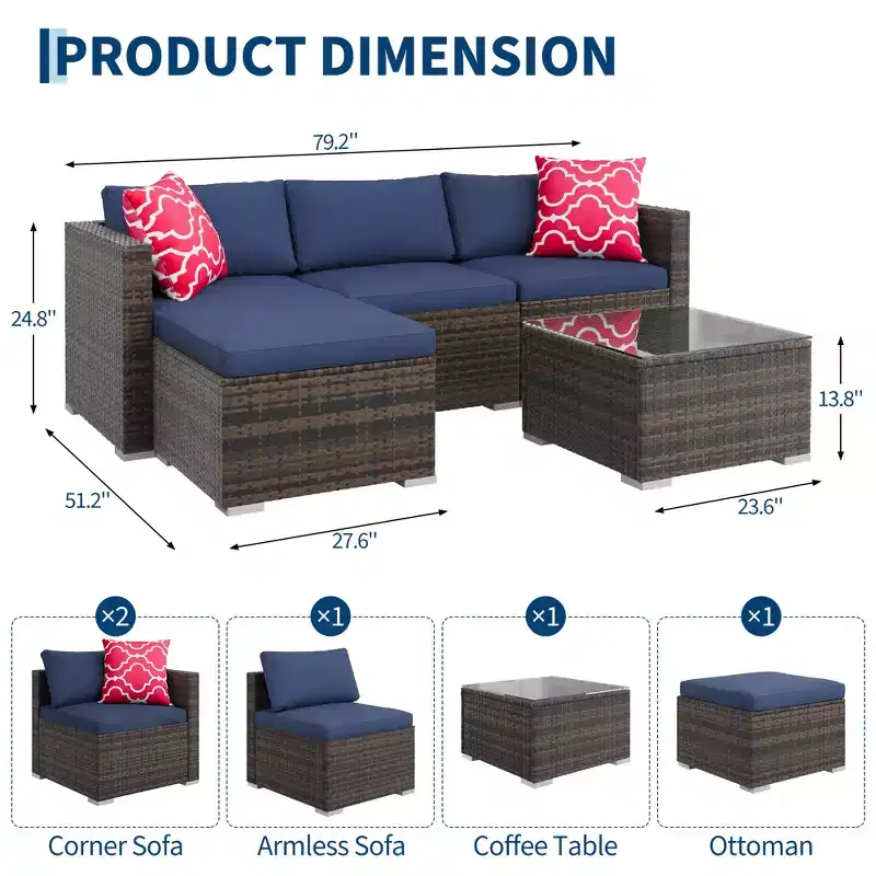 COZONY 5 Piece Patio Furniture Set, All-Weather Wicker Rattan Sectional Sofa with Cushions and Glass Coffee Table for Backyard Porch Balcony