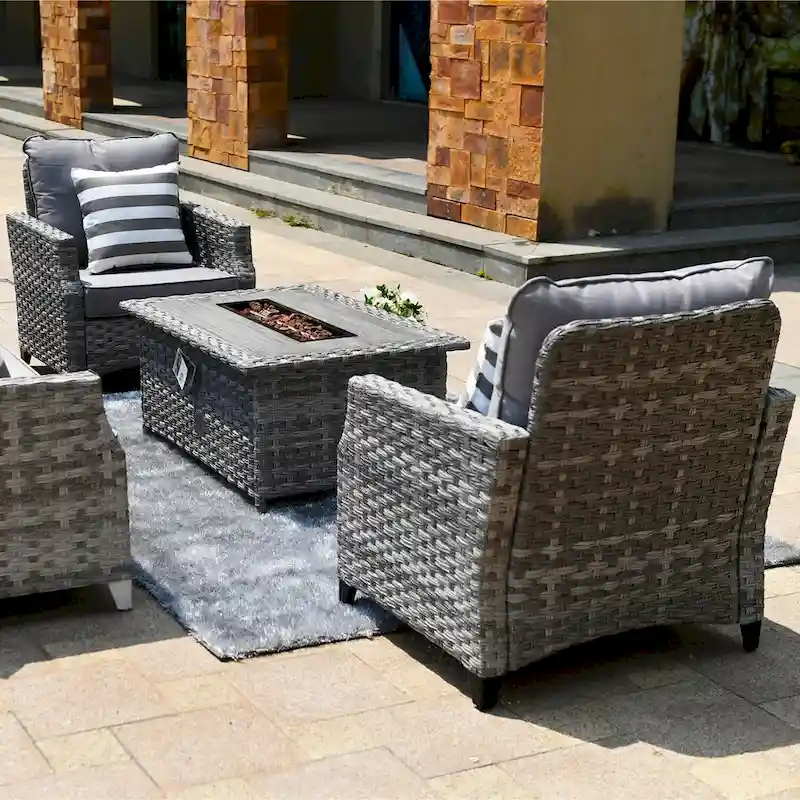 Abrihome 5-piece Wicker Patio Garden Furniture Sofa Set with Gas Fire Pit
