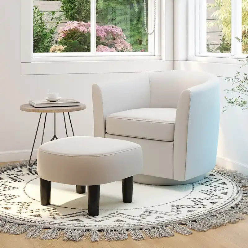 Swivel Barrel Chair with Ottoman Footrest Curved Backrest
