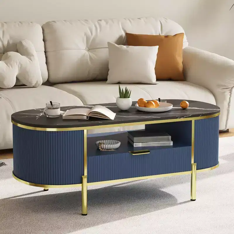 48 Oval Coffee Table with Storage, Faux Marble Top and Gold Metal Legs, Fully Assembled Wood Center Table for Living Room or Office
