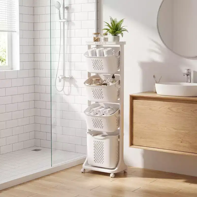 JVNOXK White 4-Tier Rolling Laundry Sorter with Removable Baskets & Wheels, Laundry Storage Organizer Cart for Bathroom Laundry Room