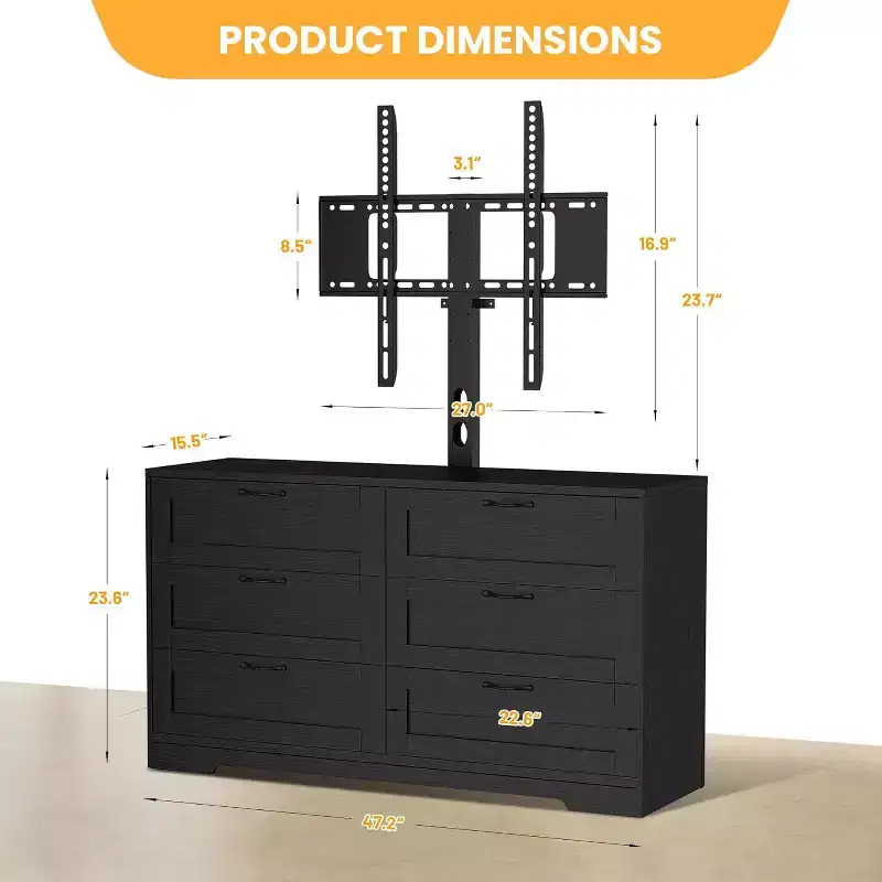 Modern TV Stand with Adjustable Mount,6 Drawer Storage Dresser - Large MDF Media Console Table for 32-80 Inch TVs - Living Room Entertainment Cabinet