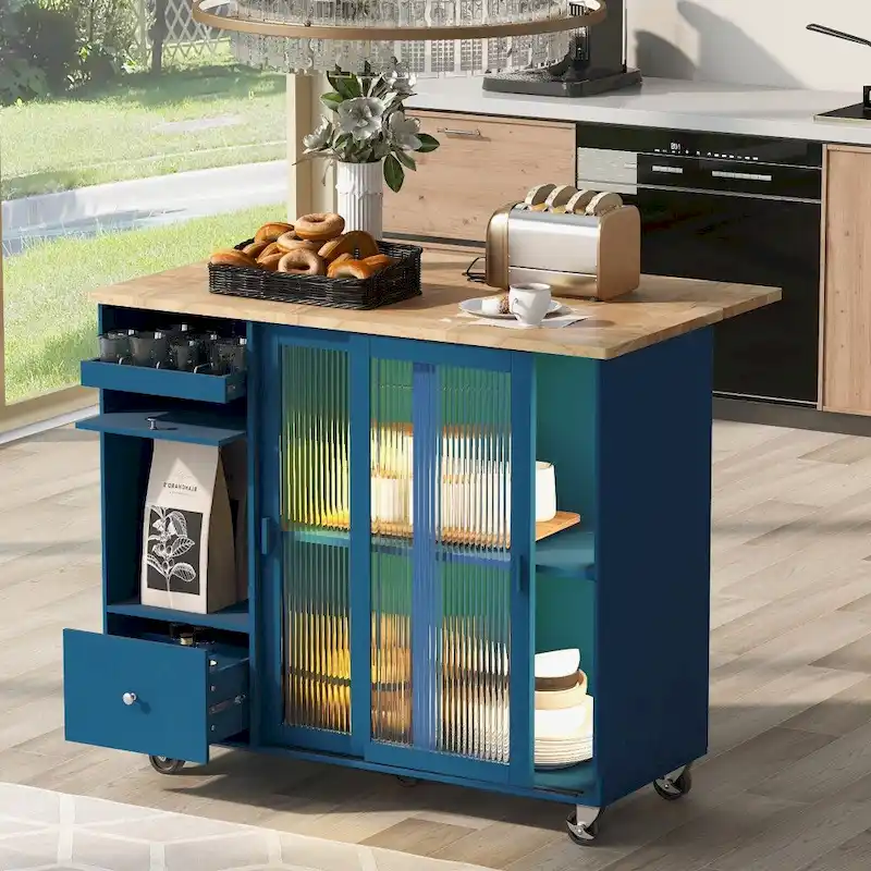 LED Light Kitchen Cart with Drop Leaf and Adjustable Shelf