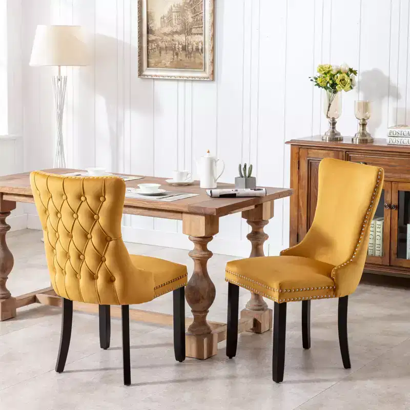 Set of 2 Velvet Upholstered Dining Chairs with Nailhead Trim and Wood Legs - Retro Style, Comfortable Seating for Dining Room and Kitchen