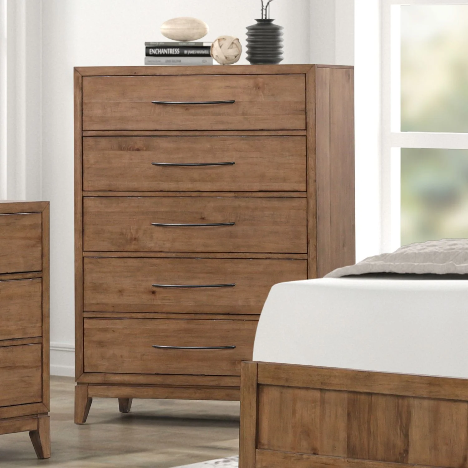 5 Drawer Chest - Harvest Brown — The harvest brown finish is offset with dark bronze hardware that works well in any decor