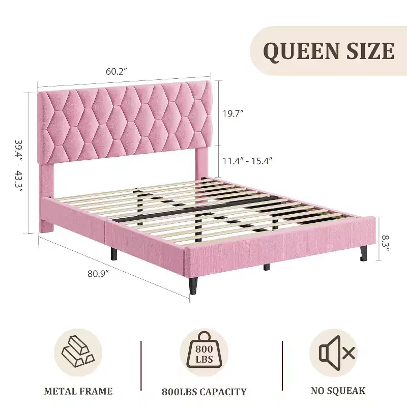 Queen Size Bed Frame with Velvet Upholstered Headboard,Heavy-Duty Platform Bed Frame with Strong Wood Slats, No Box Spring Needed