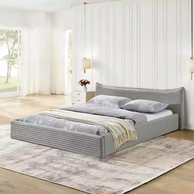 Queen Size Upholstered Bed Frame with Chenille Fabric with Pleated Headboard Solid Frame for Bedroom Gray