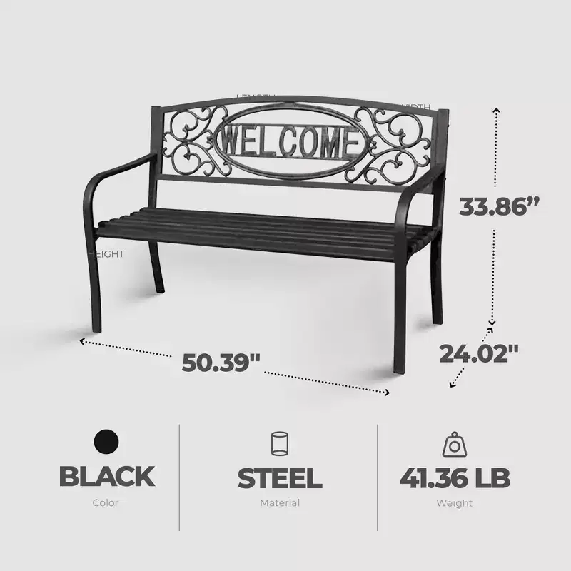 Four Seasons Courtyard Welcome Steel Park Bench with 500 Pound Capacity, Black