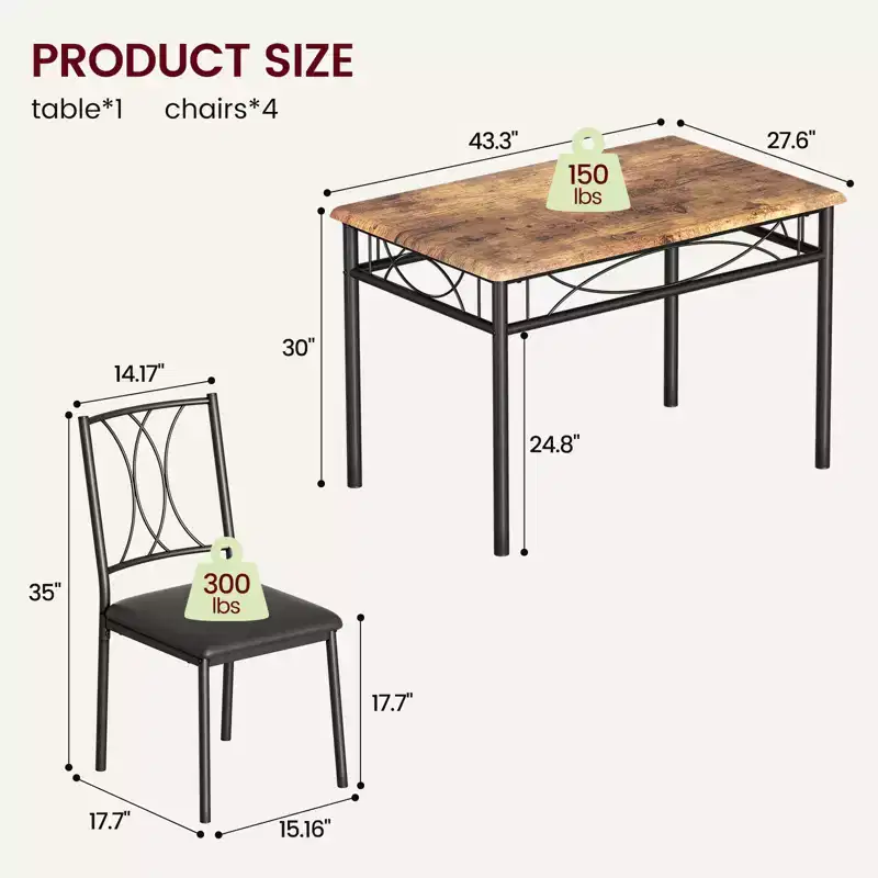 Dining Table Set, Kitchen Table Set for 4, 4 Piece Wooden Dining Room Table Set with 4 Chairs, Kitchen Rectangular Table Set for Small Space