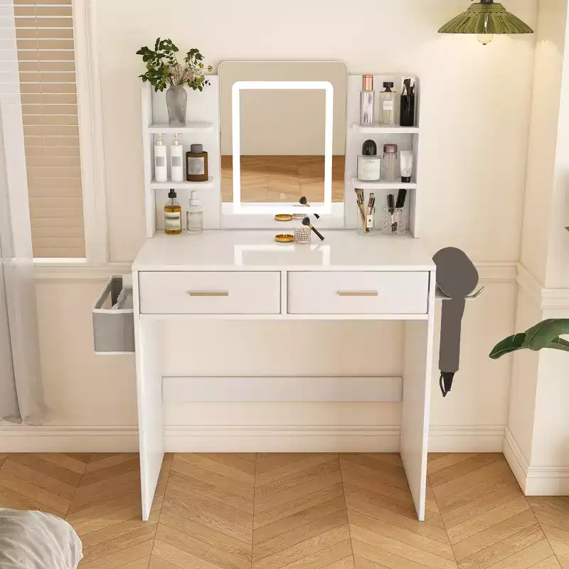 LED mirrored vanity table suitable with integrated lighting 3-color adjustable light strip, 2 large drawers, hair dryer holder White