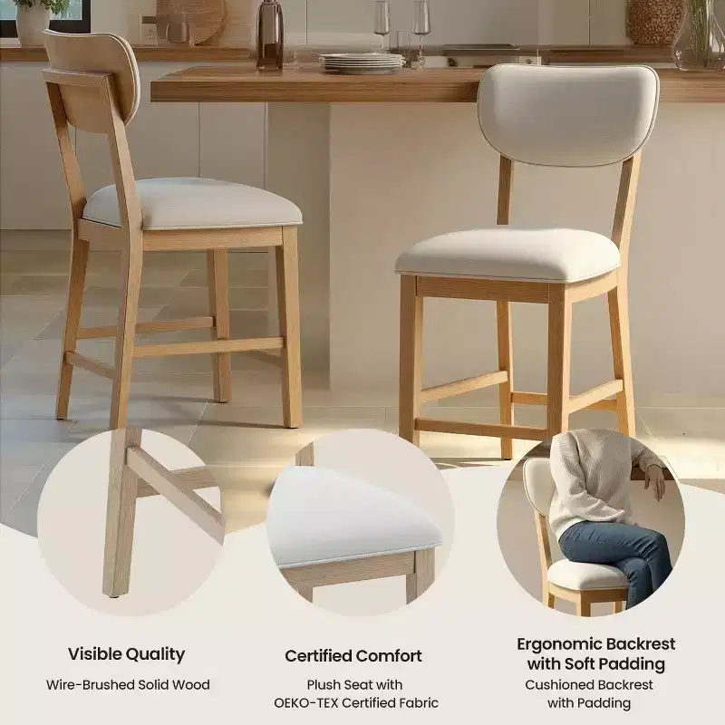 Solid Wood Farmhouse Upholstered Counter Height Bar Stools with Curved Back
