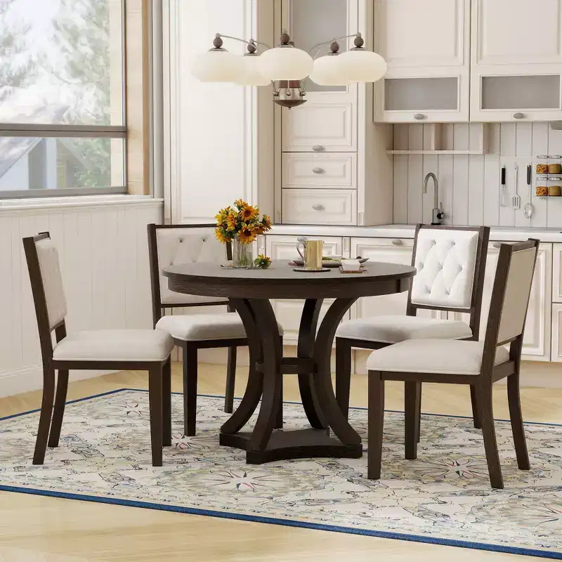 5-Piece Retro Dining Set with Extendable Round Table and 4 Upholstered Chairs