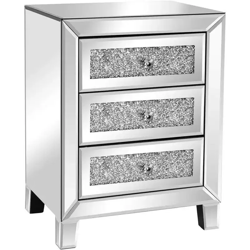 Mirrored Nightstand with 3 Drawers, Modern End Table with Mirrored Finish