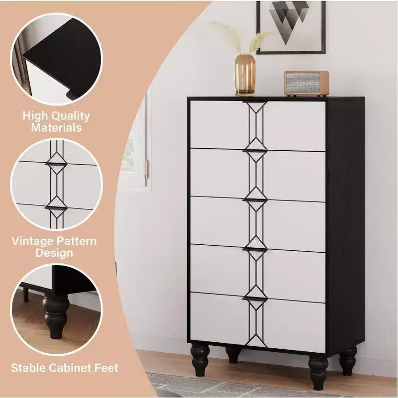 5 Drawers Dresser, Modern Wooden Tall Dresser with Deep Drawers, Chest of Drawers for Bedroom, Living Room, Hallway, Entryway