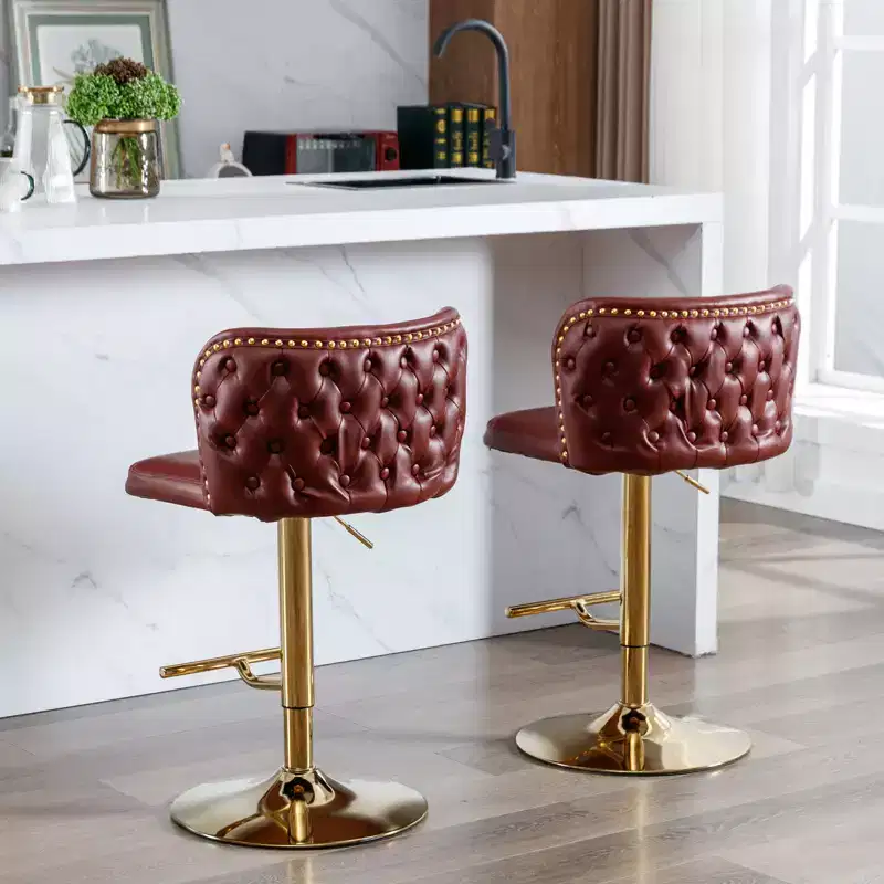 Set of 2 Modern Burgundy Swivel Bar Stools, Adjustable Height, Tufted Back