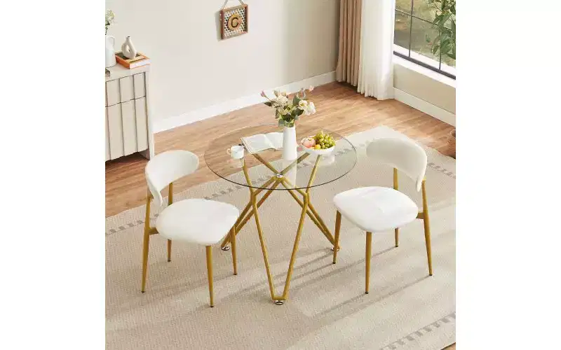 Round Tempered Glass Dining Table with Gold Metal Legs, Seats 2-4, Space-Saving