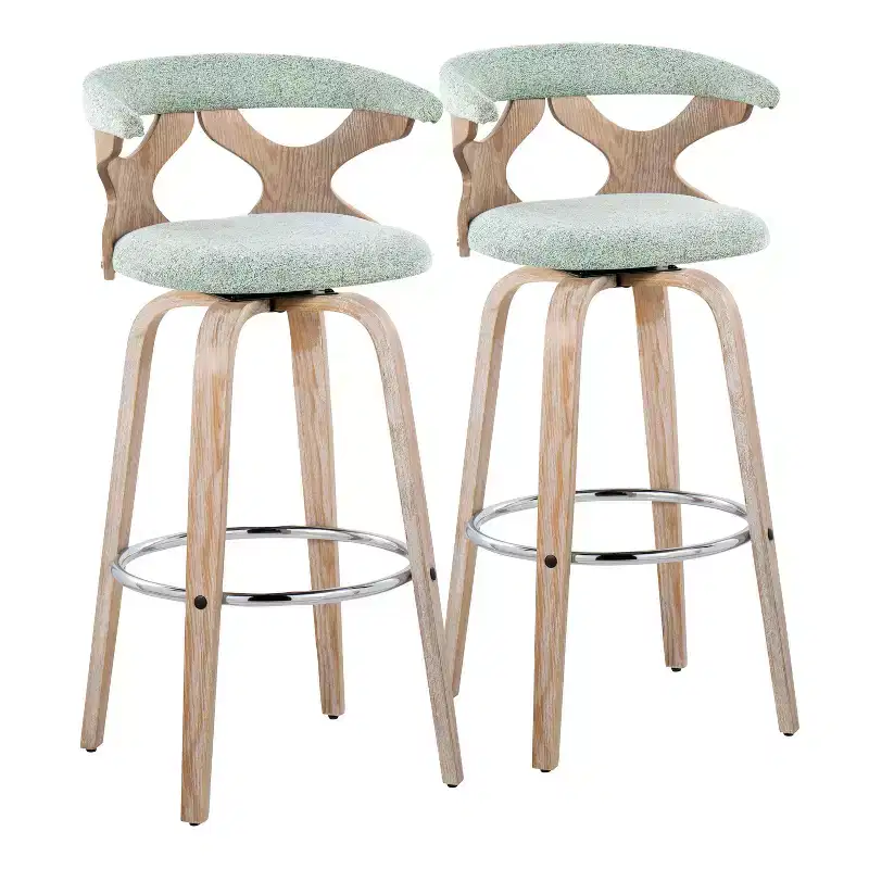 Set of 2 Fixed Height Padded Swivel Barstools, White Wash/Seafoam Green