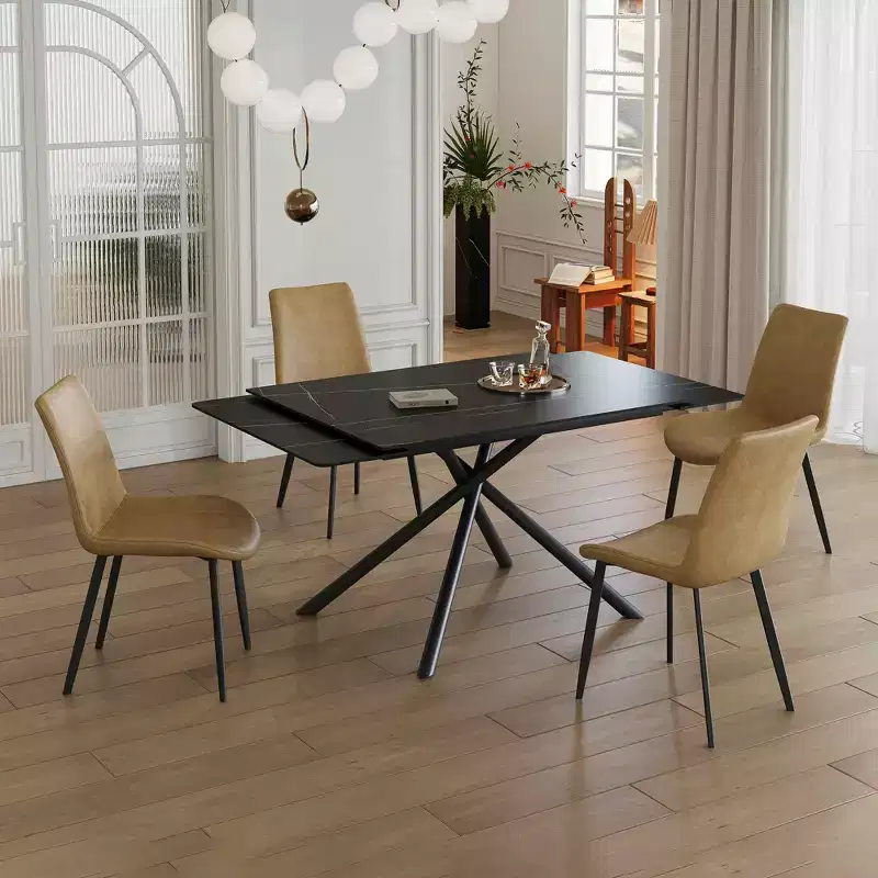 MAYEERTY Retractable Sintered Stone Dining Table Set, Modern Rectangular Black Carbon Steel Cross Legs, Table + 4 Chairs