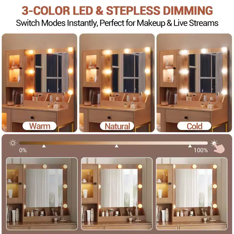 Vanity Desk with Mirror and Lights, Makeup Dressing Table w/Adjustable Bulbs, Sturdy MDF Top & Metal Leg, Smart Storage Drawers & Cabinets for Bedroom