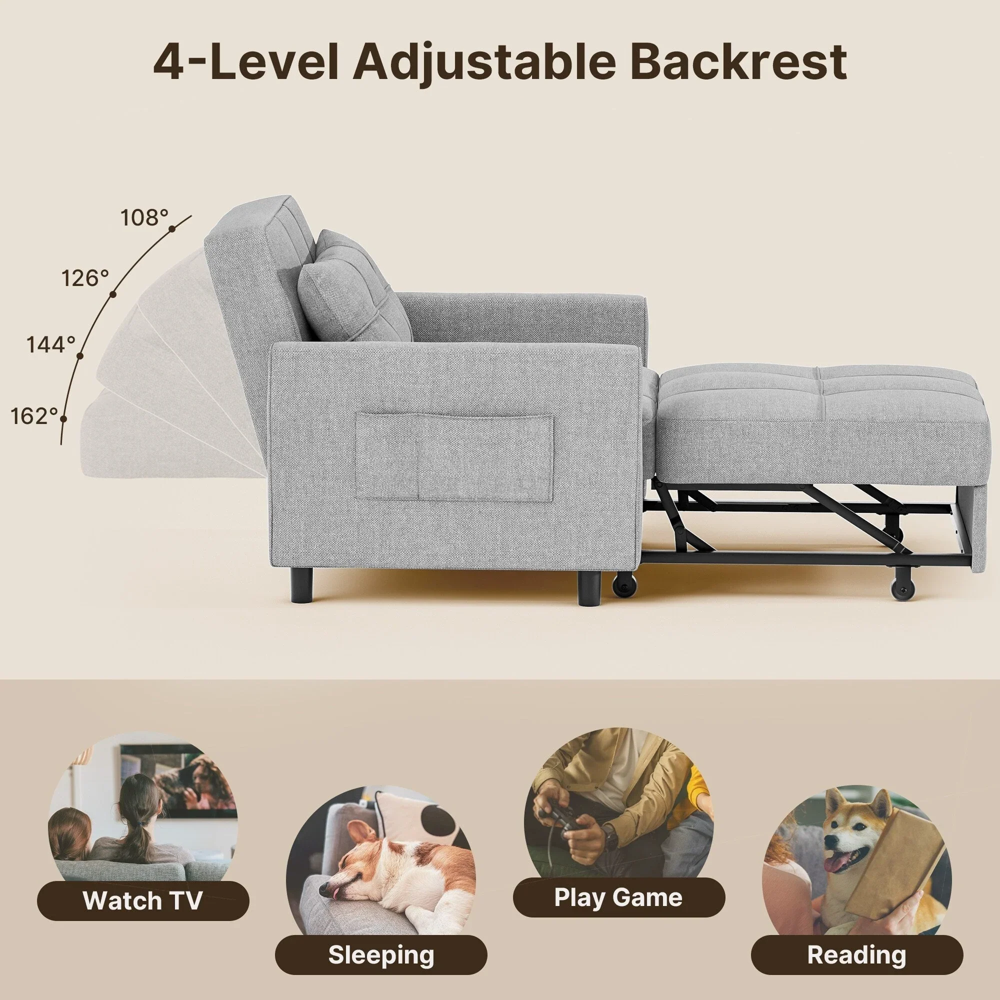 3-in-1 Pull-Out Sofa Bed Sleeper Chair , Convertible Adjustable Foldable Upholstered Lounge Couch