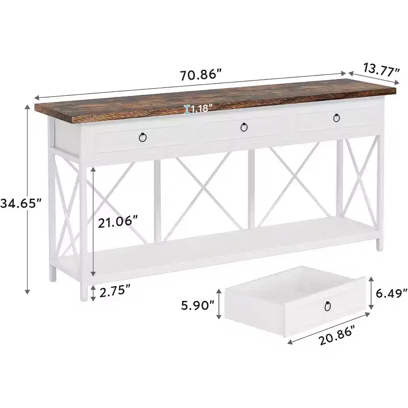 Lantine 70.8-Inch Console Table with 3 Drawers, Farmhouse Entryway Table with Storage Shelf for Entryway, Hallway, White & Brown