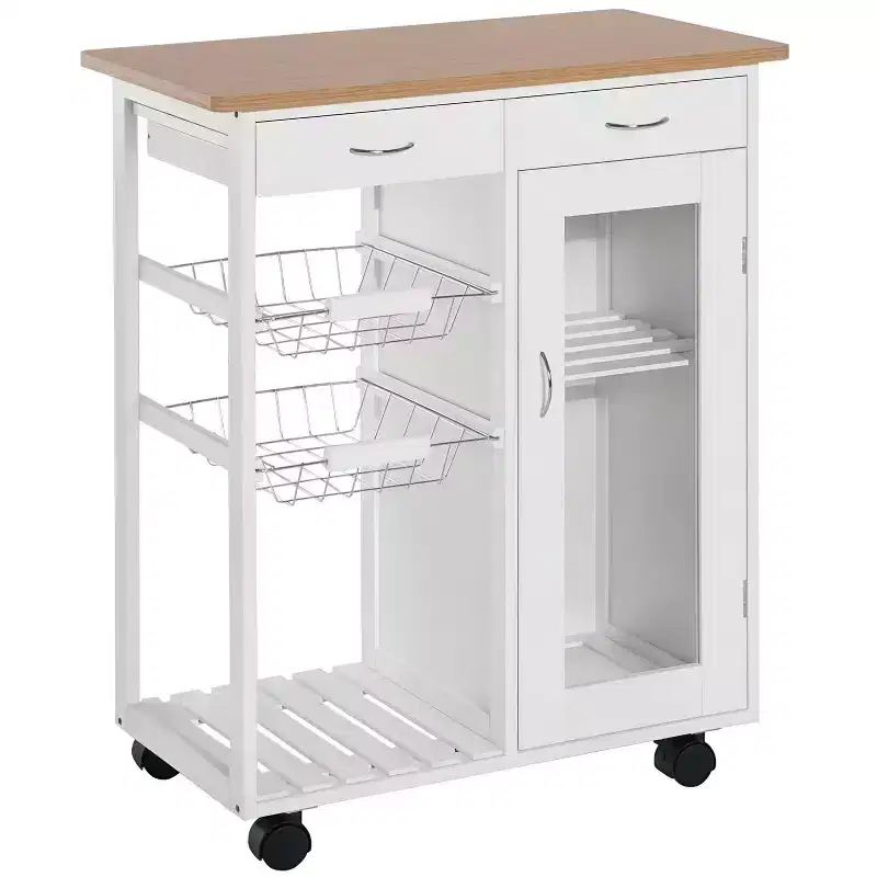 HOMCOM 28 Rolling Kitchen Trolley Serving Cart Storage Cabinet Bamboo Top with Wire Basket & Door Cabinet & Drawers, White