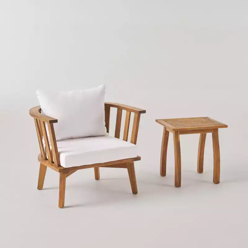 Barton 2pc Acacia Wood Club Chair & Table Set - Teak/White - Christopher Knight Home: Outdoor Lounge Set with Cushions