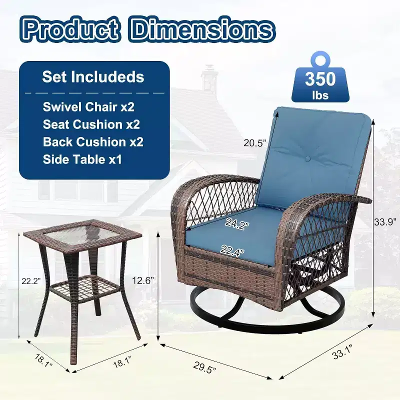 3 Pieces Outdoor Swivel Patio Rocking Chairs, Outdoor Wicker Patio Furniture, 2 Glider Chairs & Side Table, for Backyard, Garden, Balcony, Deck