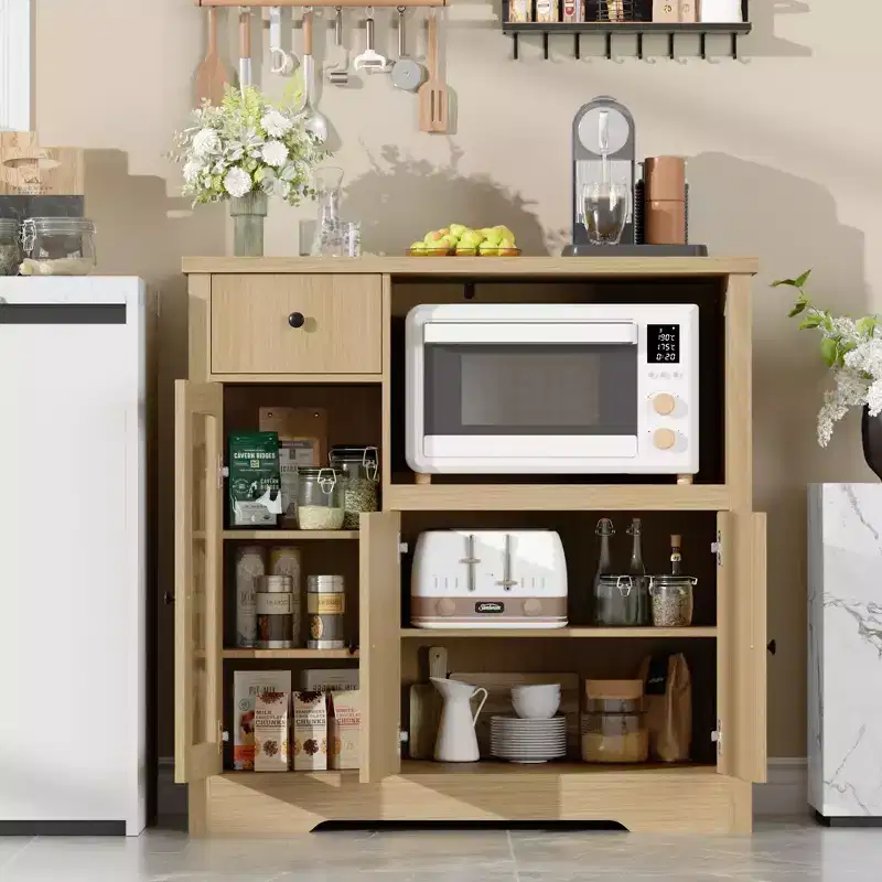 Kitchen Microwave Cabinets with Storage, Buffet Cabinet Sideboard with 3 Doors,1 Drawer and Adjustable Shelves, Pantry Storage Cabinet ,Natural ?